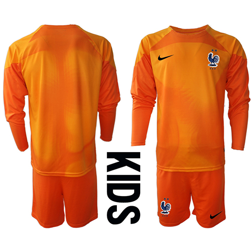 Camisa de Futebol França Goleiro Equipamento Principal Infantil Mundo 2022 Manga Comprida (+ Calças curtas)